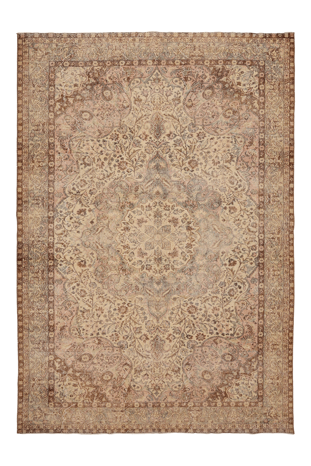 Vintage Isparta Turkish Area Rug 7x10 ft — Beige & Brown Floral (No. 39935)