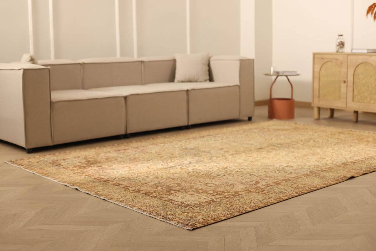 Vintage Isparta Turkish Area Rug 7x10 ft — Beige & Brown Floral (No. 39935)