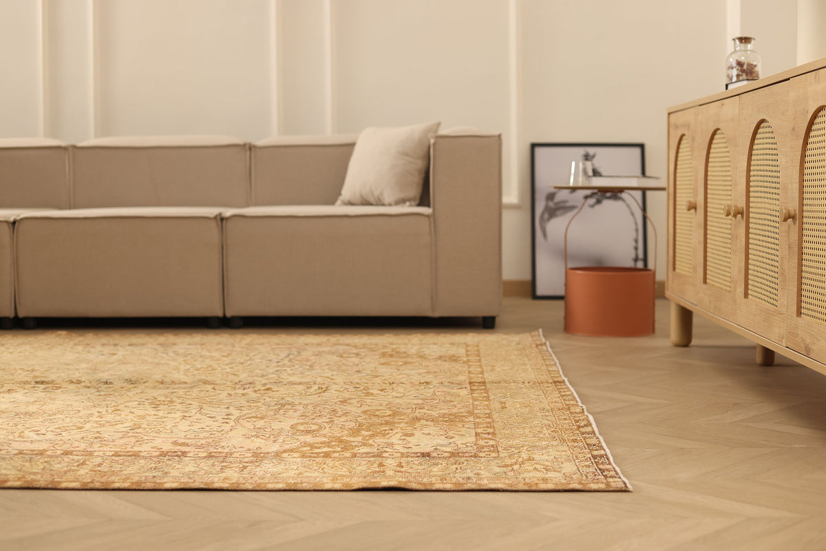 Vintage Isparta Turkish Area Rug 7x10 ft — Beige & Brown Floral (No. 39935)