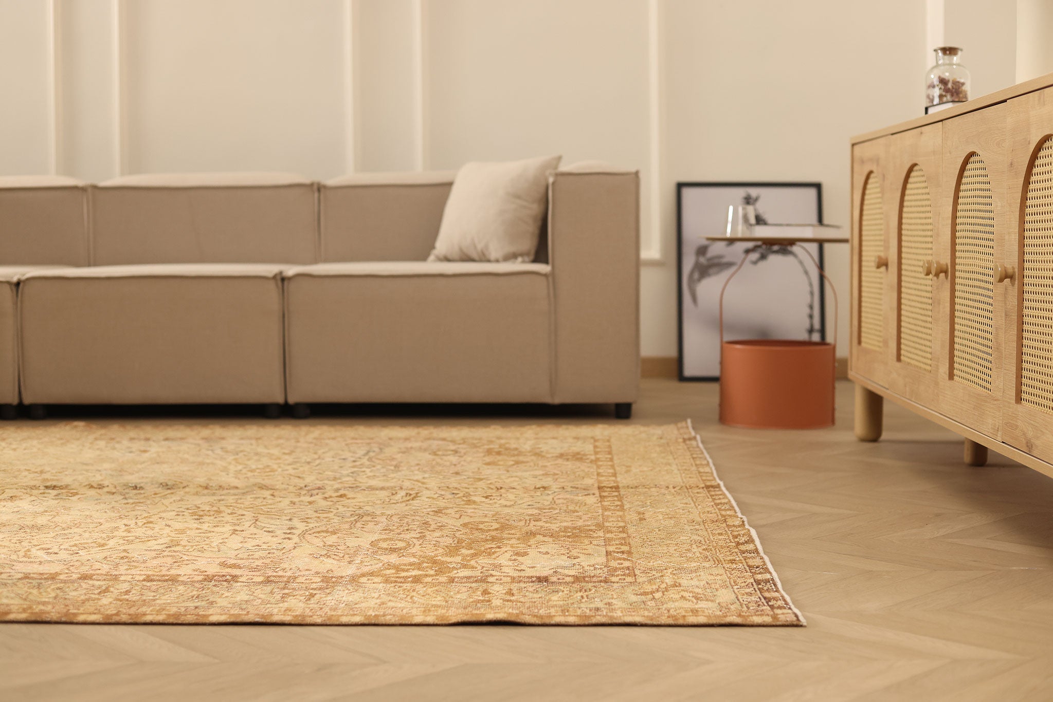 Vintage Isparta Turkish Area Rug 7x10 ft — Beige & Brown Floral (No. 39935)