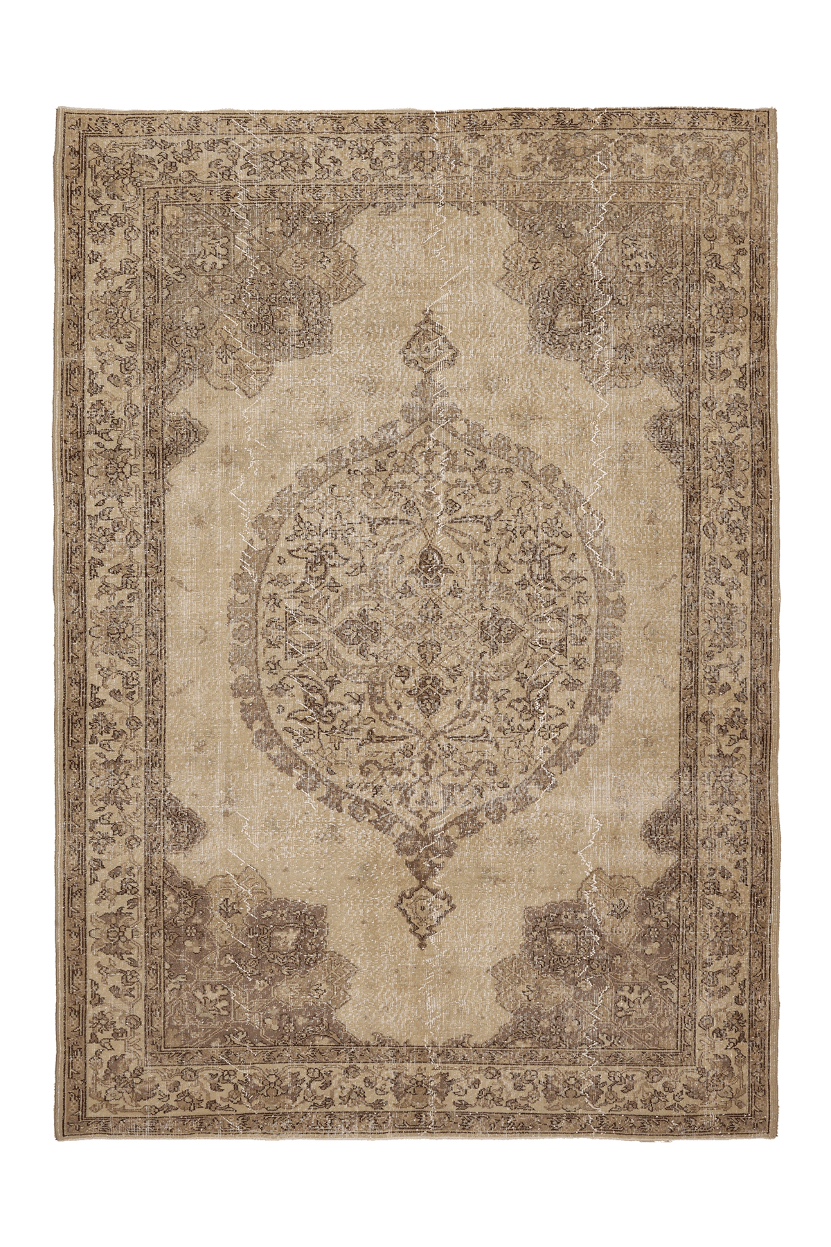 Vintage Isparta Turkish Area Rug 7x10 ft — Beige & Brown Floral (No. 39944)