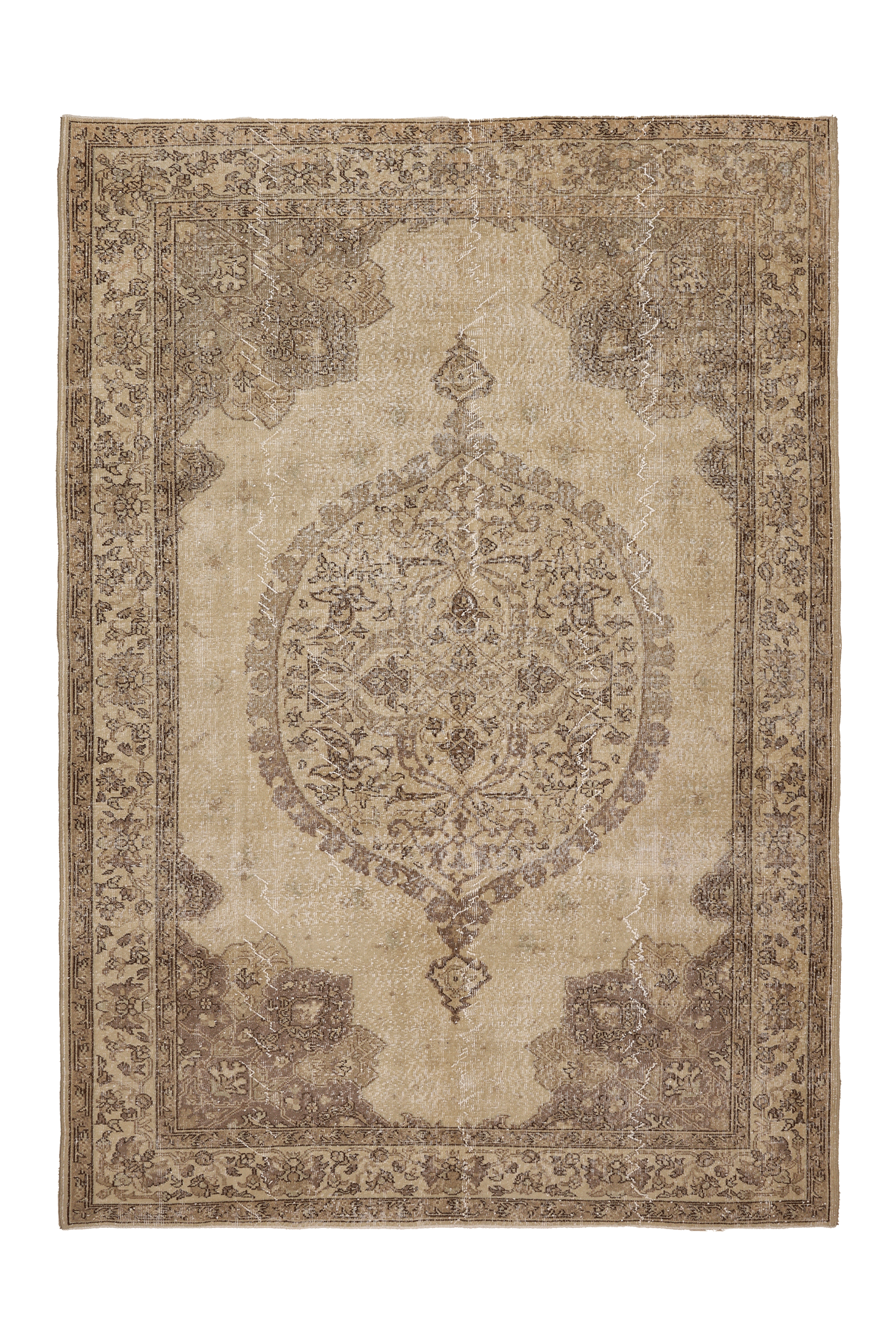 Vintage Isparta Turkish Area Rug 7x10 ft — Beige & Brown Floral (No. 39944)