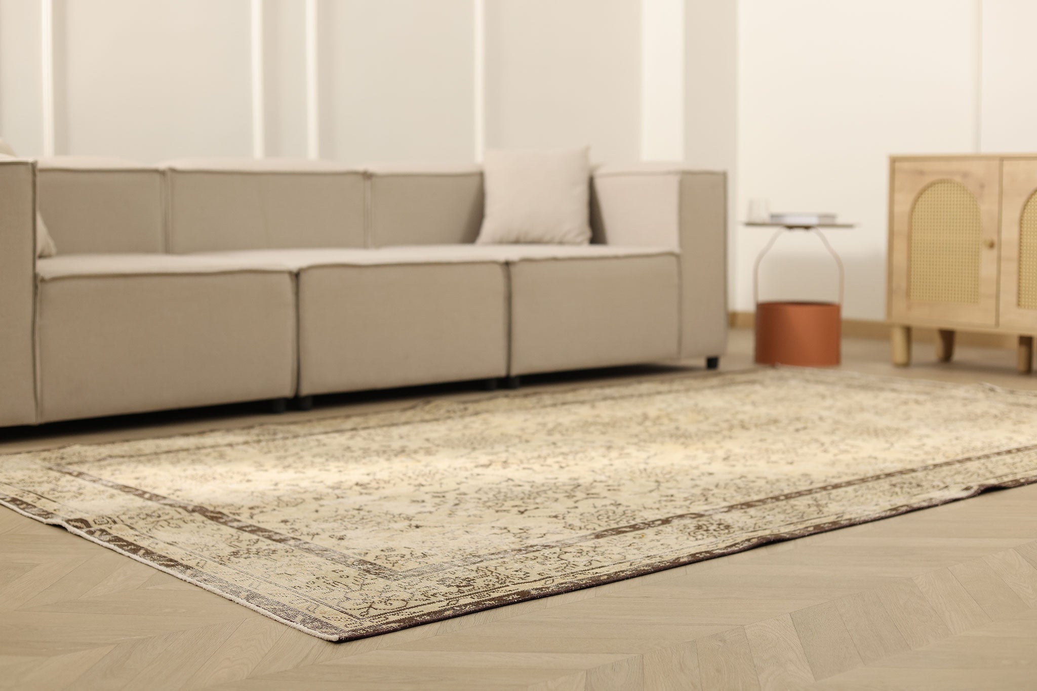 Vintage Isparta Turkish Area Rug 5x10 ft — Beige & Brown Floral (No. 39950)