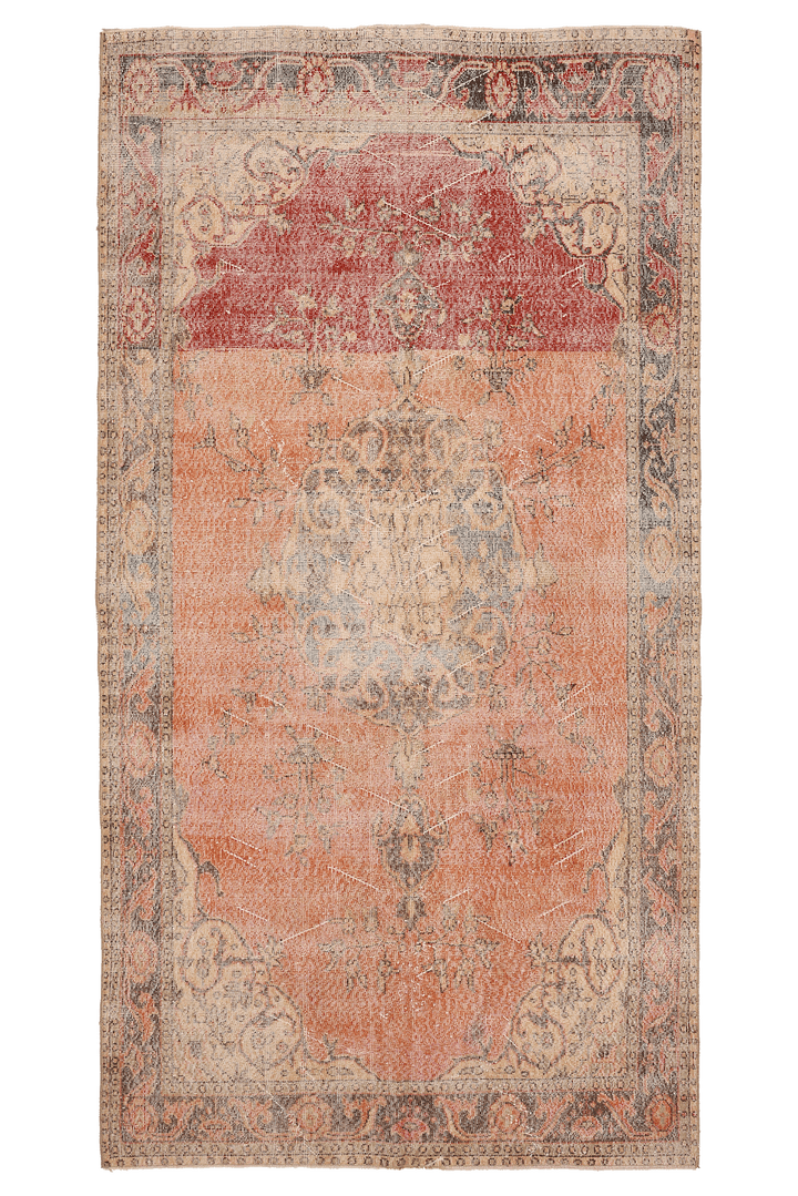 Vintage Isparta Turkish Area Rug 5x10 ft — Orange & Red Floral