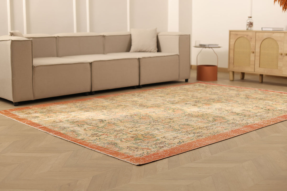Vintage Isparta Turkish Area Rug 7x10 ft — Beige & Orange Floral
