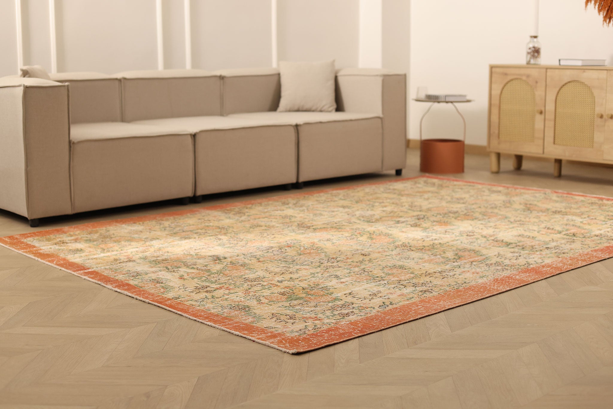 Vintage Isparta Turkish Area Rug 7x10 ft — Beige & Orange Floral