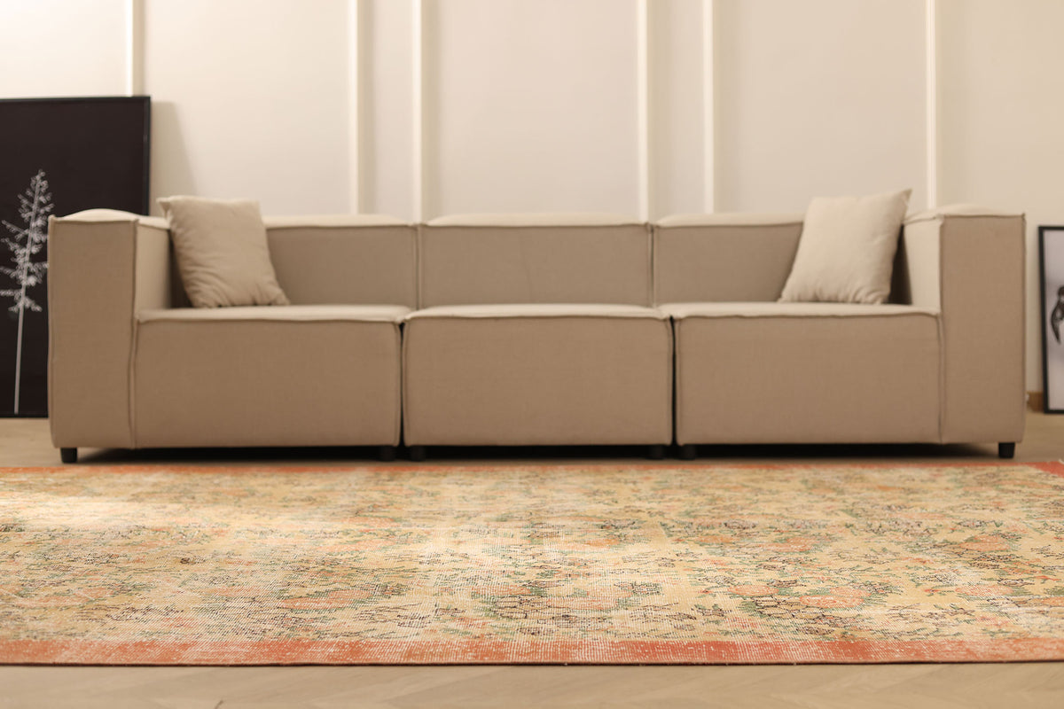 Vintage Isparta Turkish Area Rug 7x10 ft — Beige & Orange Floral