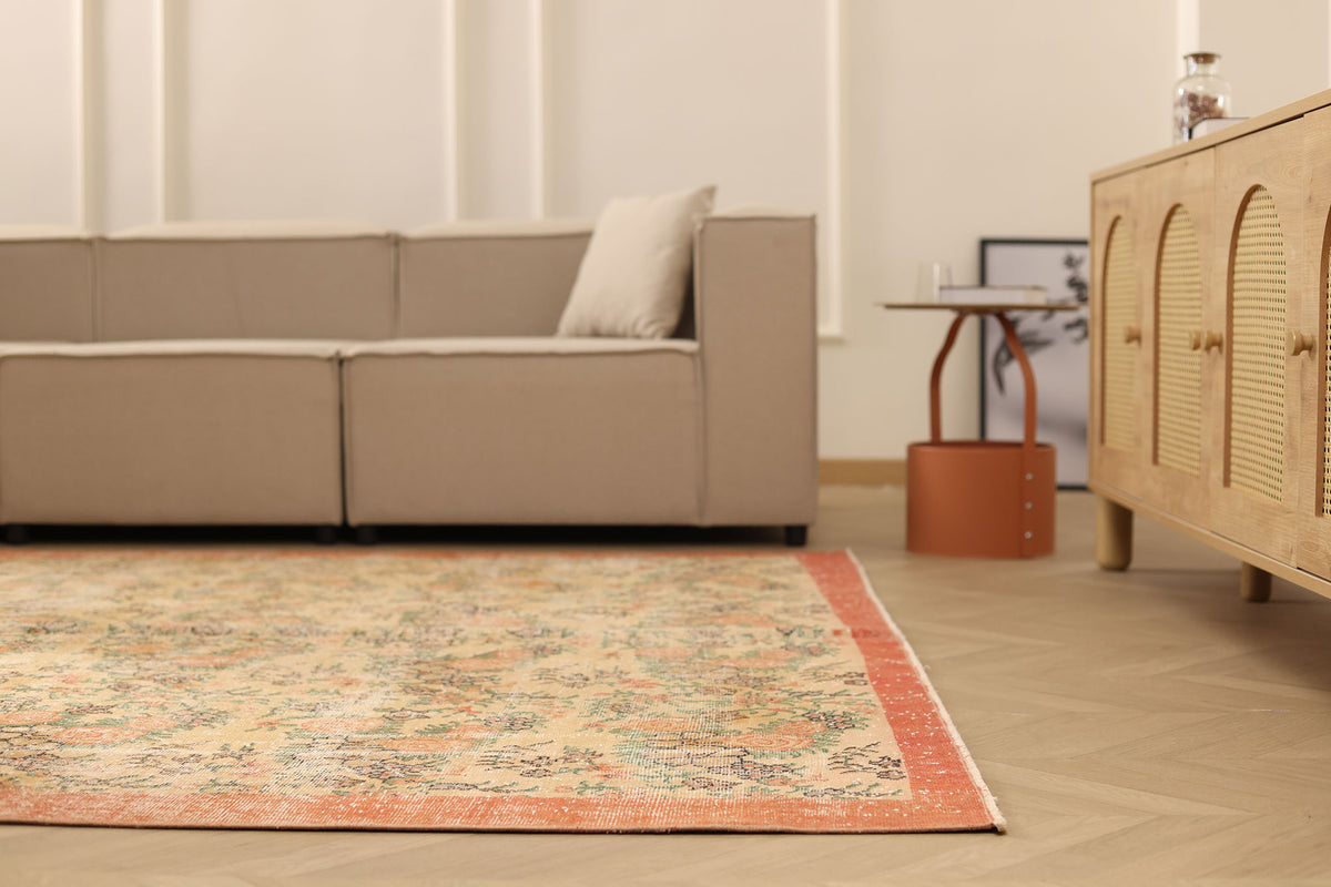 Vintage Isparta Turkish Area Rug 7x10 ft — Beige & Orange Floral