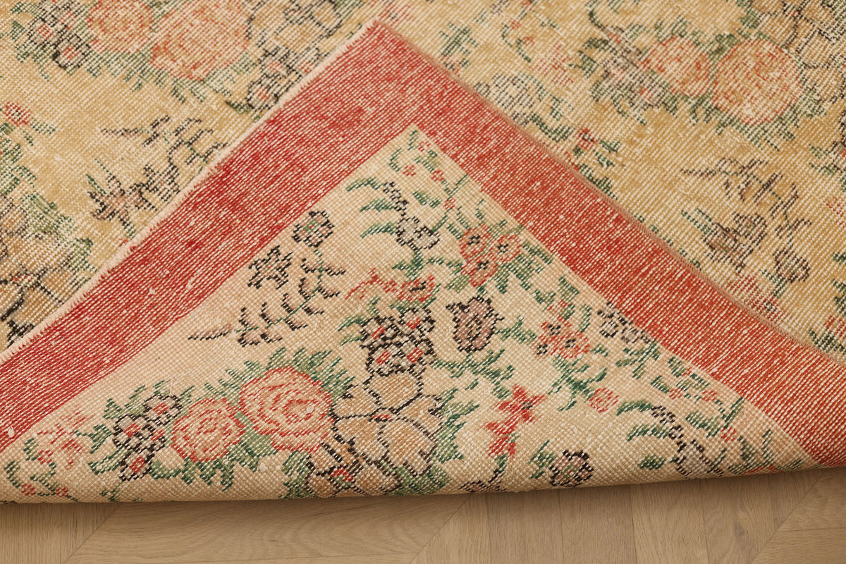 Vintage Isparta Turkish Area Rug 7x10 ft — Beige & Orange Floral