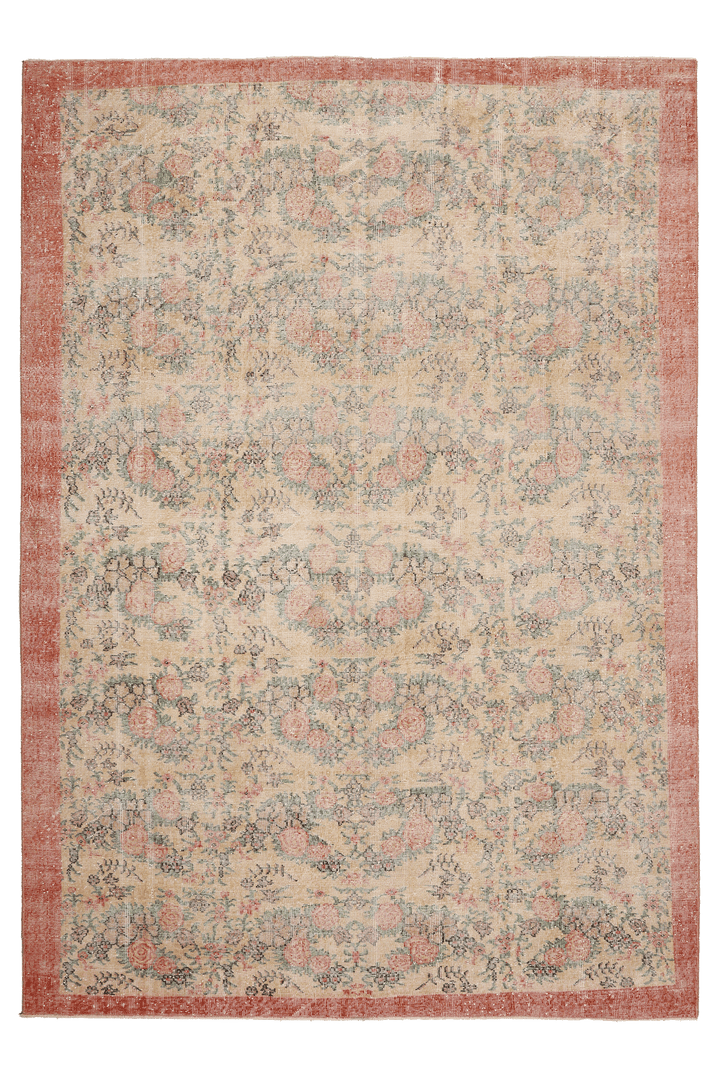 Vintage Isparta Turkish Area Rug 7x10 ft — Beige & Orange Floral
