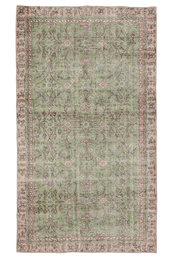 Vintage Isparta Turkish Area Rug 5x8 ft — Green Floral