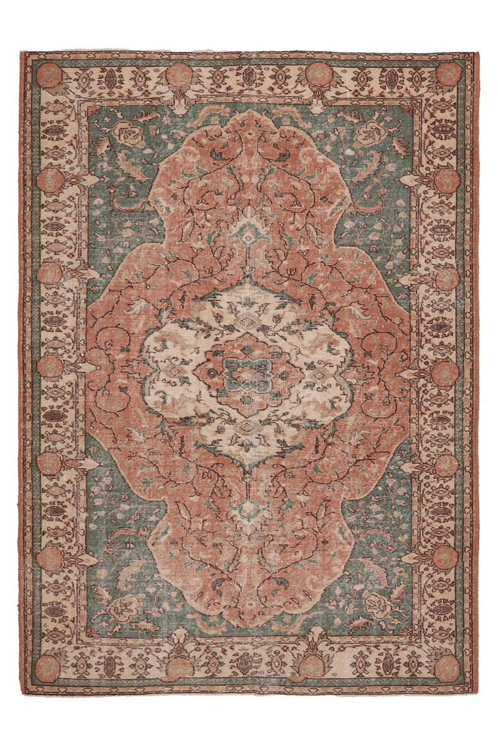 Vintage Isparta Turkish Area Rug 6x9 ft — Red & Green Floral (No. 39977)