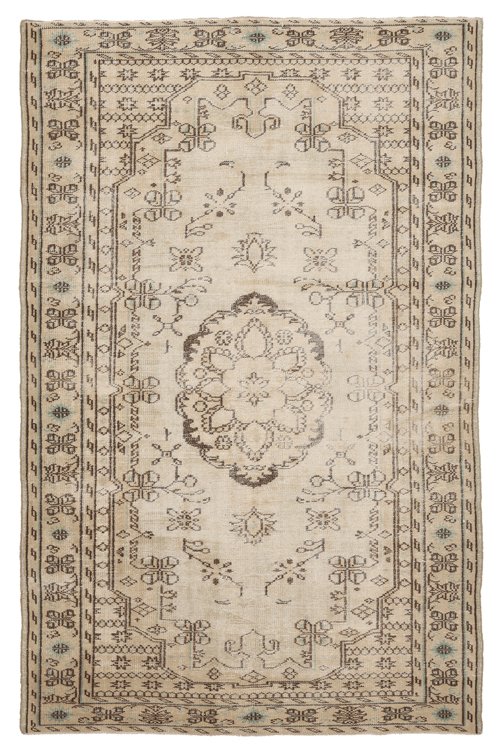 Vintage Manisa Turkish Area Rug 5x9 ft — Beige Floral (No. 39981)