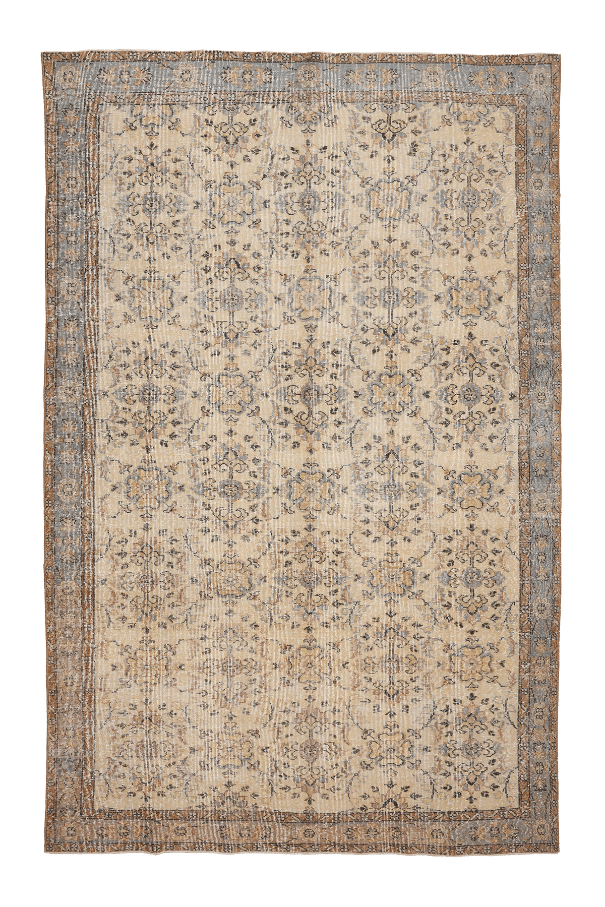 Vintage Isparta Turkish Area Rug 6x10 ft — Beige & Gray Floral (No. 39985)