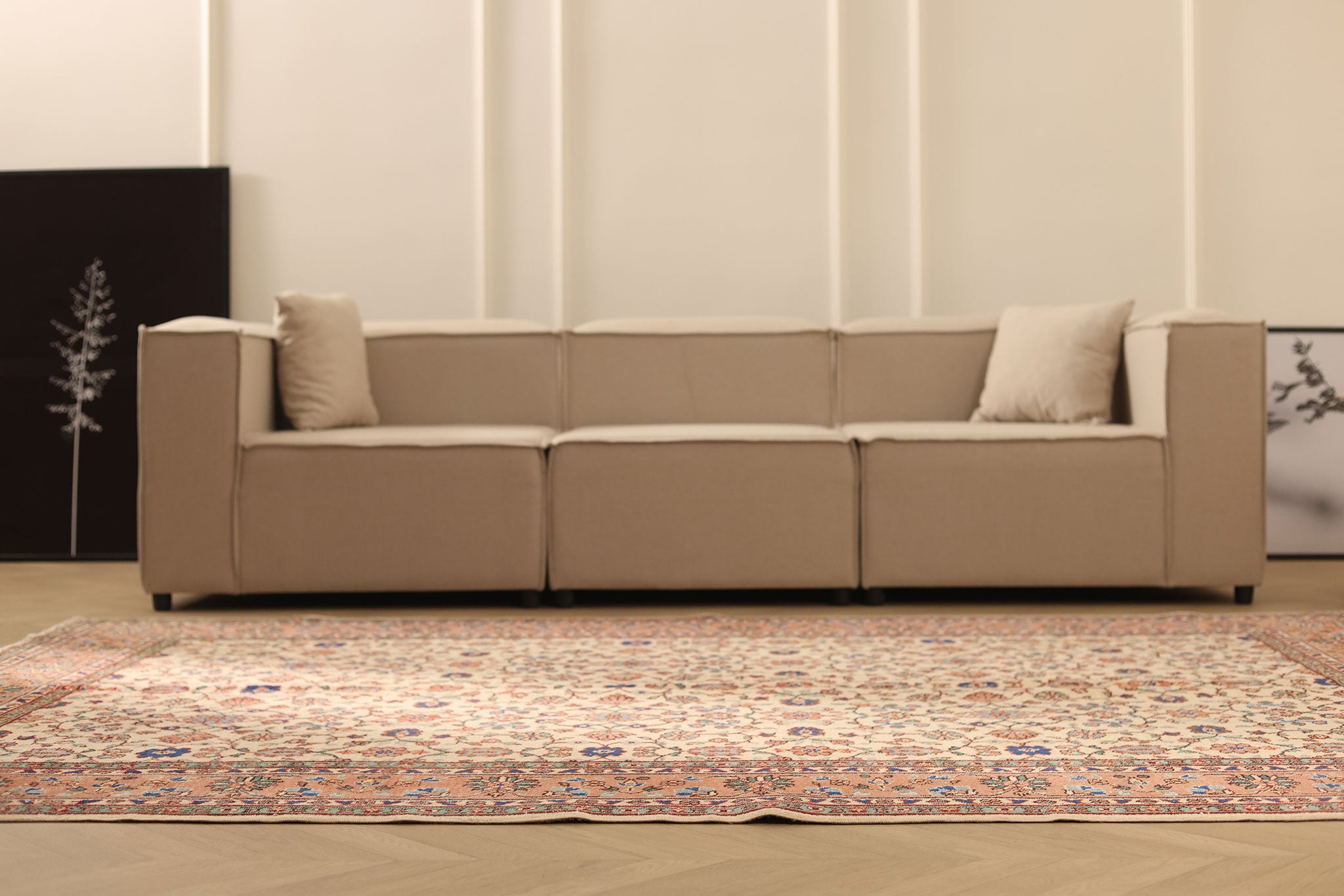 Vintage Isparta Turkish Area Rug 6x9 ft — Beige & Pink Floral