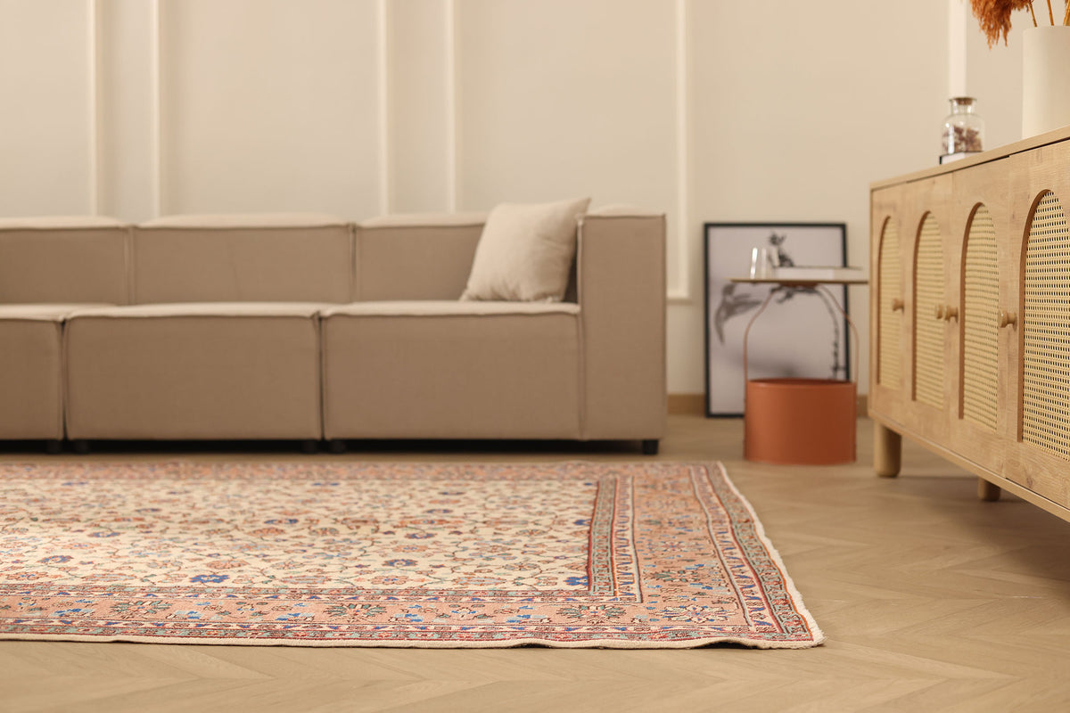 Vintage Isparta Turkish Area Rug 6x9 ft — Beige & Pink Floral