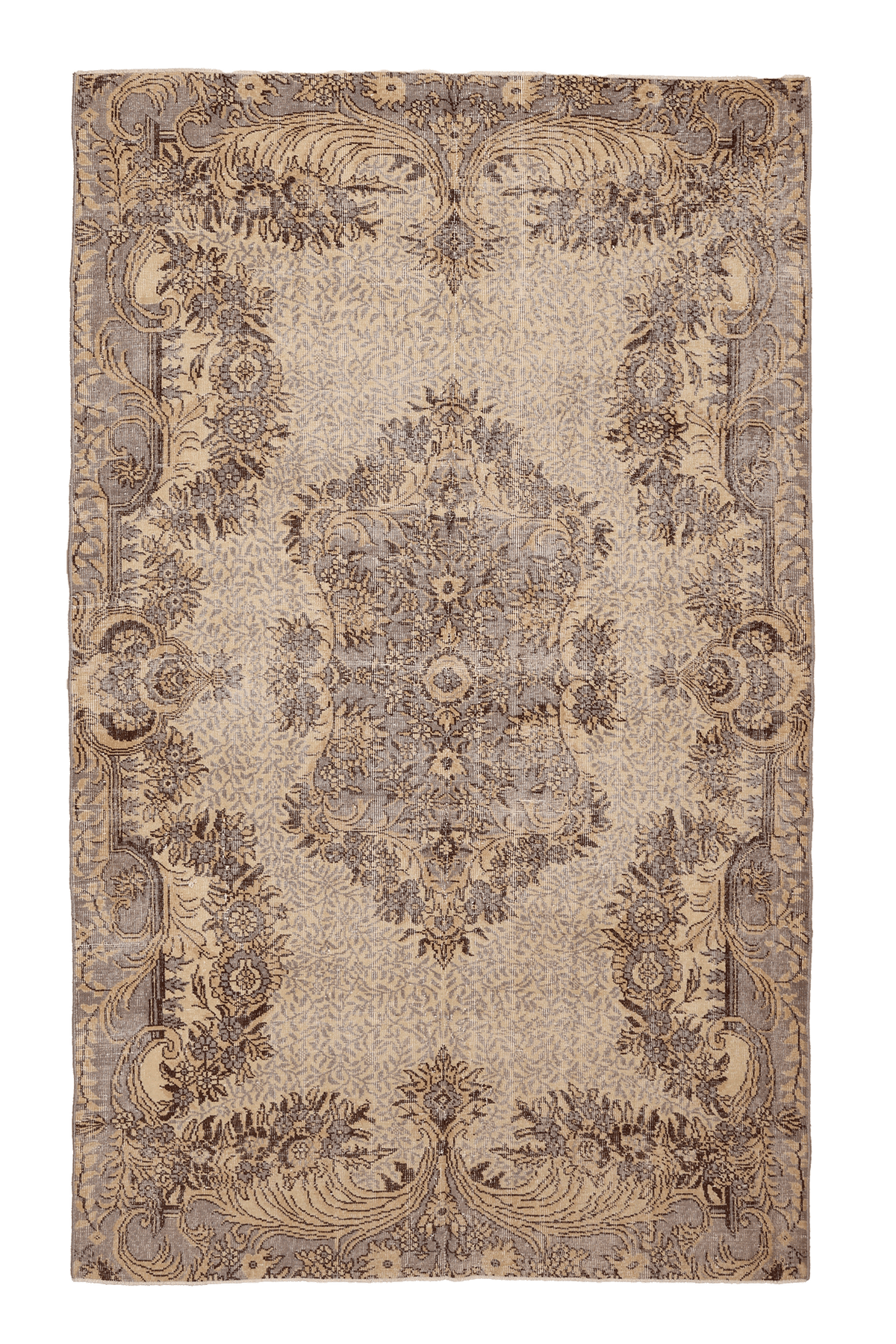 Vintage Isparta Turkish Area Rug 6x9 ft — Beige & Gray Floral (No. 39991)