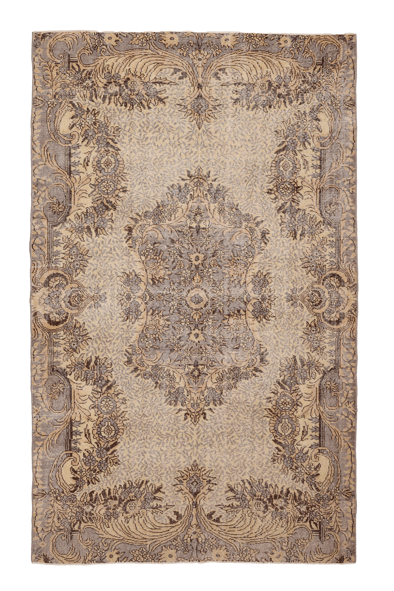 Vintage Isparta Turkish Area Rug 6x9 ft — Beige & Gray Floral (No. 39991)