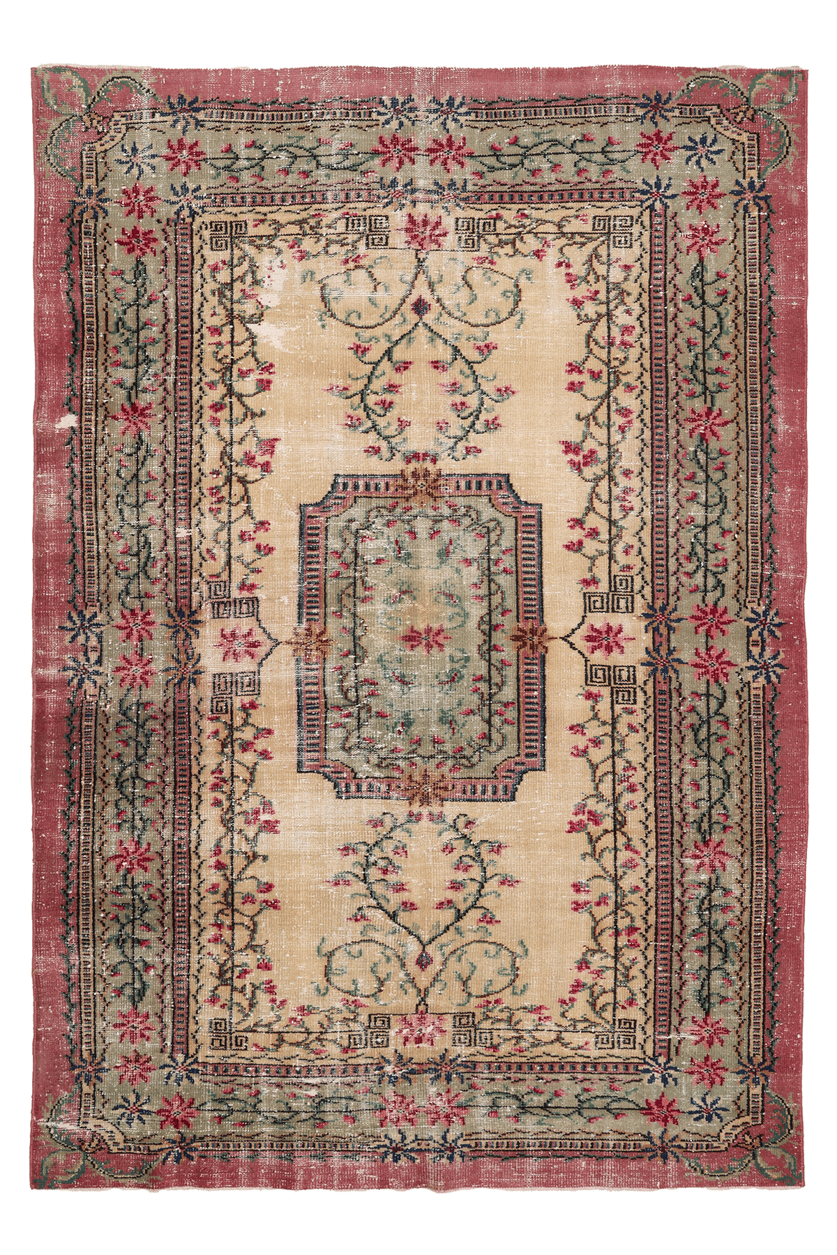 Vintage Isparta Turkish Area Rug 5x8 ft — Beige & Green Floral (No. 39992)
