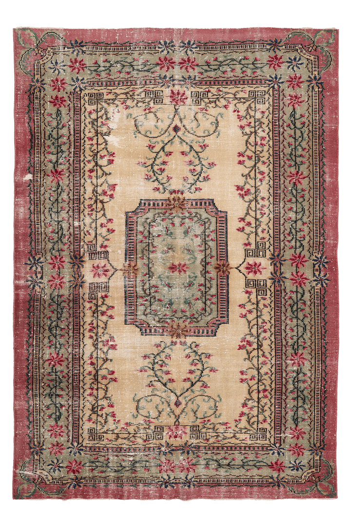 Vintage Isparta Turkish Area Rug 5x8 ft — Beige & Green Floral (No. 39992)
