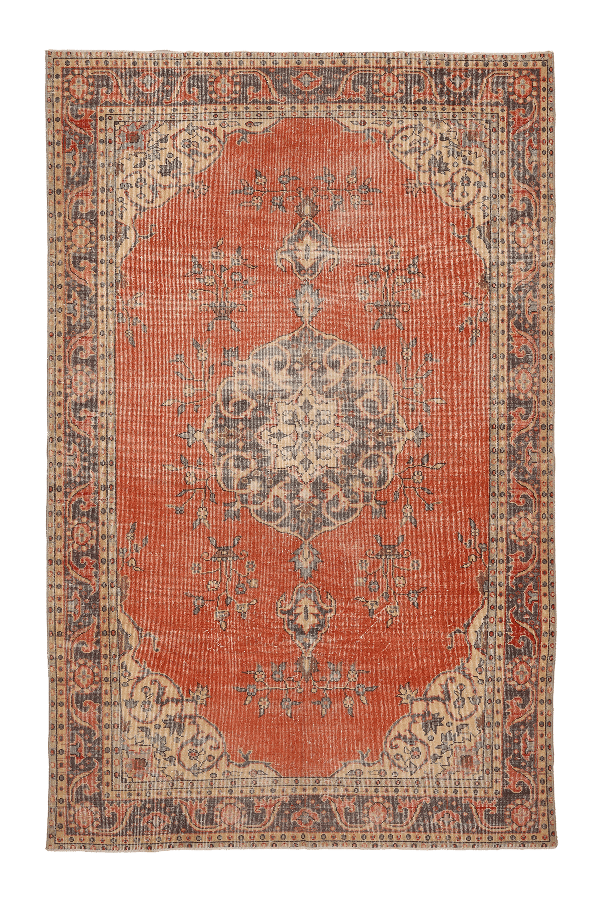 Vintage Isparta Turkish Area Rug 6x9 ft — Orange & Gray Floral (No. 39993)