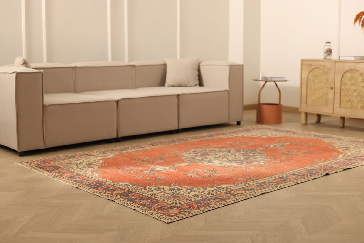 Vintage Isparta Turkish Area Rug 6x9 ft — Orange & Gray Floral (No. 39993)