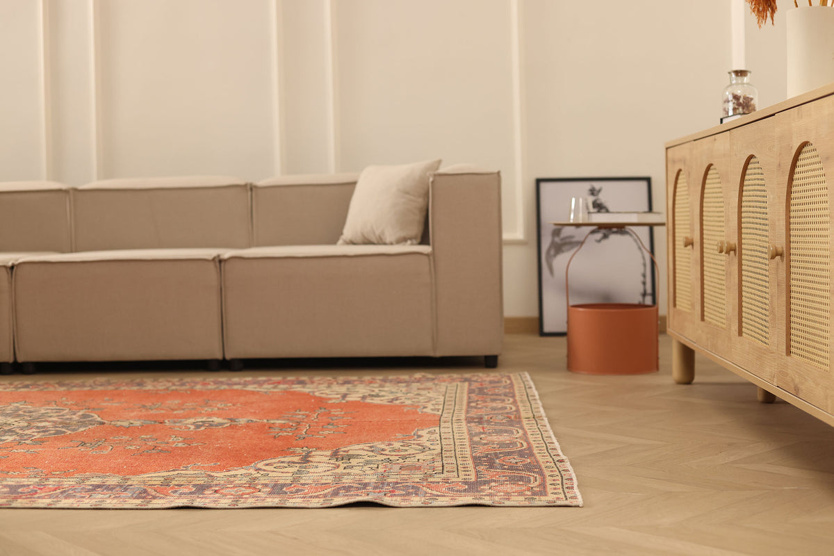 Vintage Isparta Turkish Area Rug 6x9 ft — Orange & Gray Floral (No. 39993)