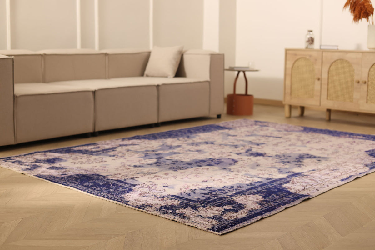 Vintage Isparta Turkish Area Rug 6x9 ft — Blue & Pink Overdyed
