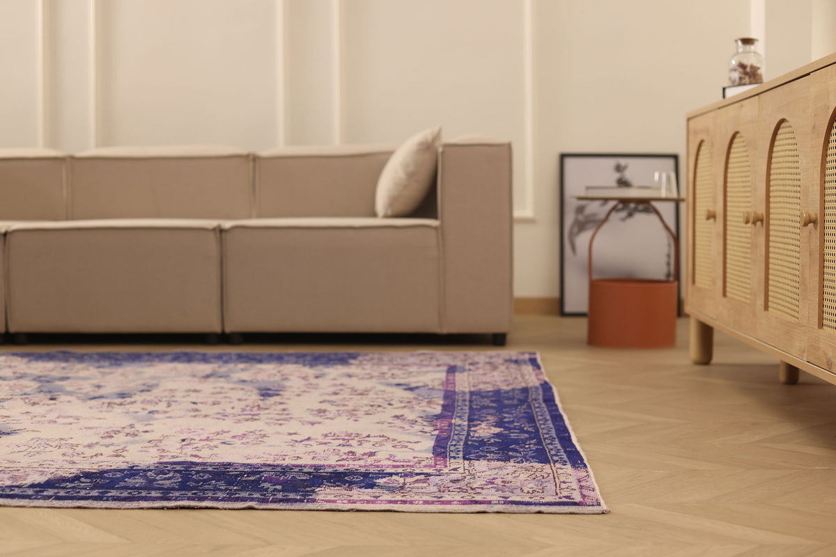 Vintage Isparta Turkish Area Rug 6x9 ft — Blue & Pink Overdyed