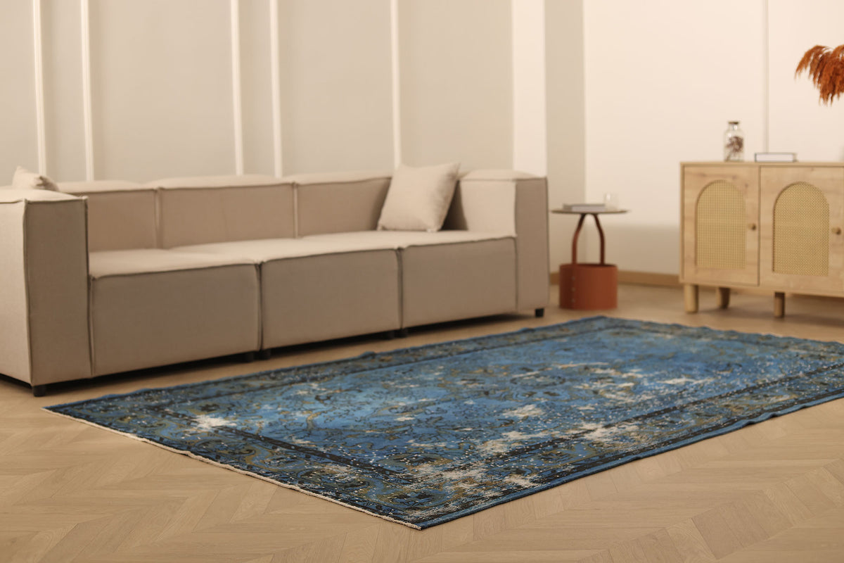 Vintage Isparta Turkish Area Rug 6x9 ft — Blue & Gray Overdyed