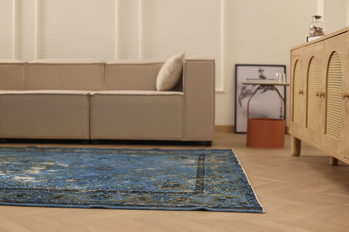 Vintage Isparta Turkish Area Rug 6x9 ft — Blue & Gray Overdyed