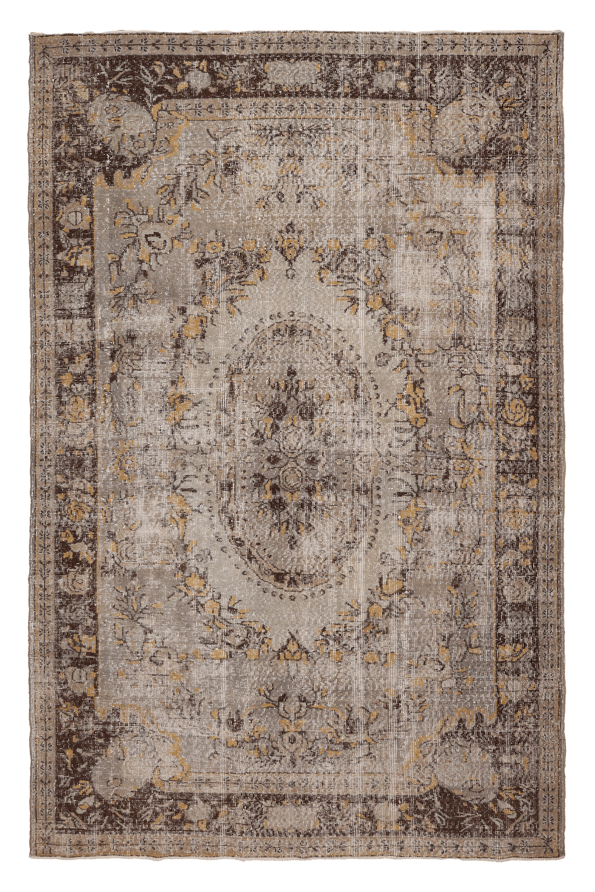 Vintage Isparta Turkish Area Rug 6x9 ft — Beige & Brown Floral (No. 40102)