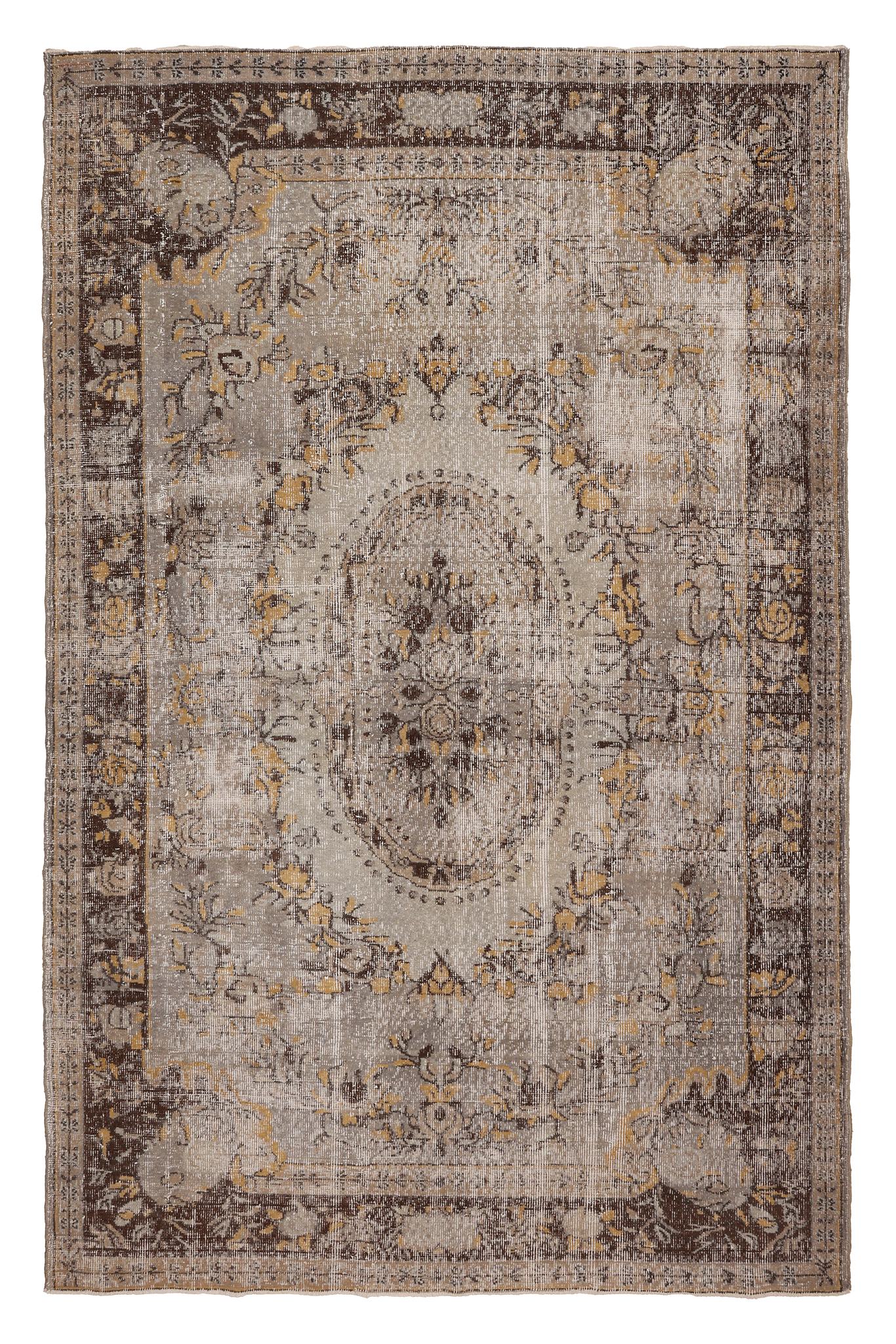 Vintage Isparta Turkish Area Rug 6x9 ft — Beige & Brown Floral (No. 40102)