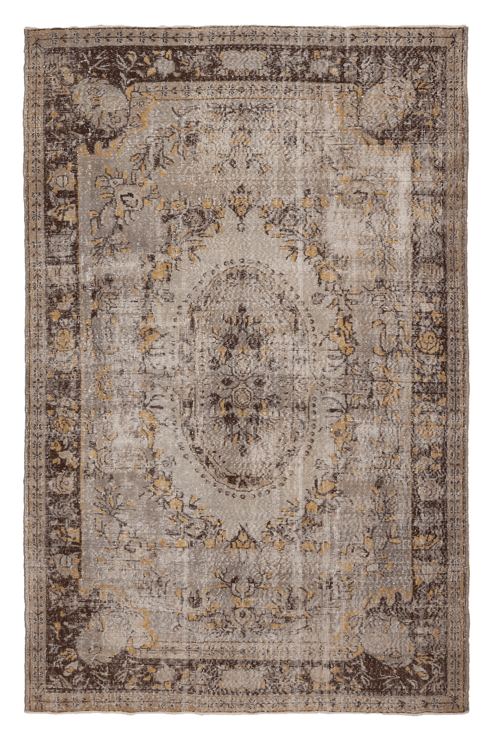 Vintage Isparta Turkish Area Rug 6x9 ft — Beige & Brown Floral (No. 40102)