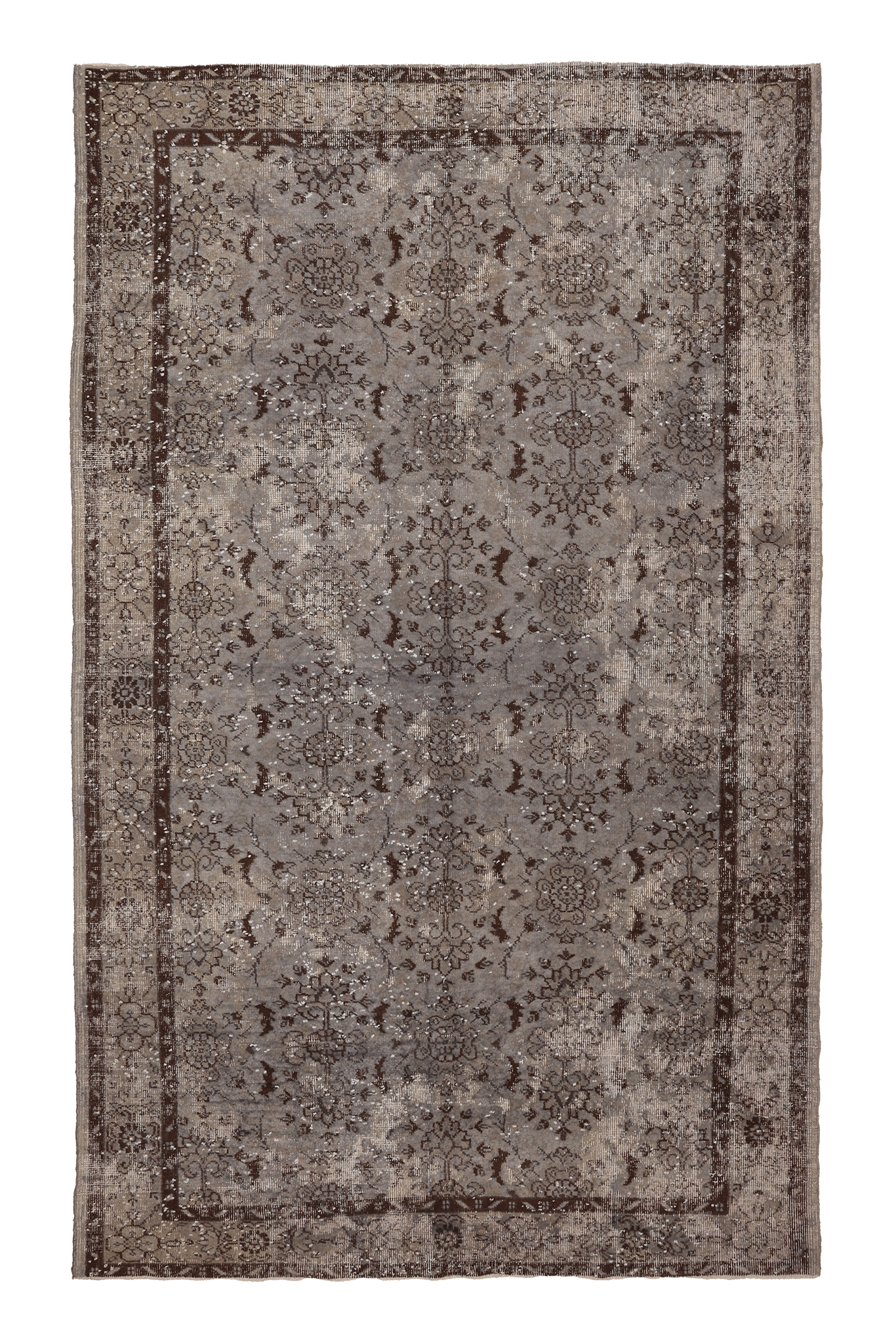 Vintage Isparta Turkish Area Rug 6x10 ft — Gray & Brown Floral (No. 40109)