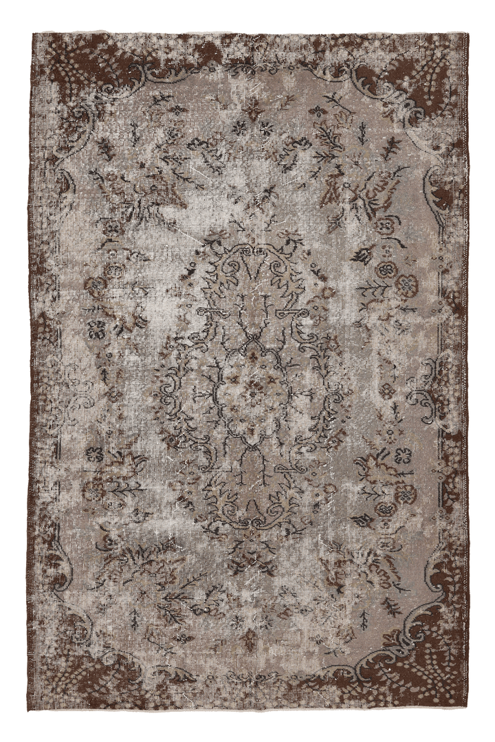 Vintage Isparta Turkish Area Rug 5x8 ft — Beige & Brown Floral (No. 40115)