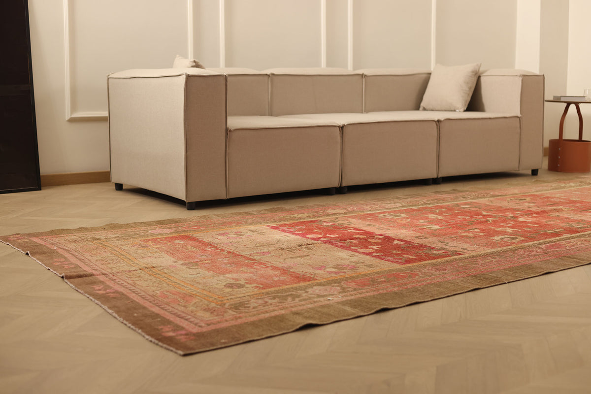 Vintage Van Turkish Area Rug 6x13 ft — Red & Brown Floral