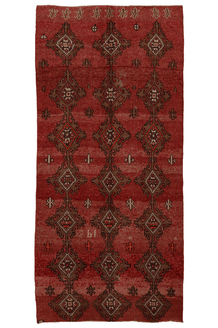 Vintage Malatya Turkish Area Rug 5x10 ft — Red & Brown Geometric