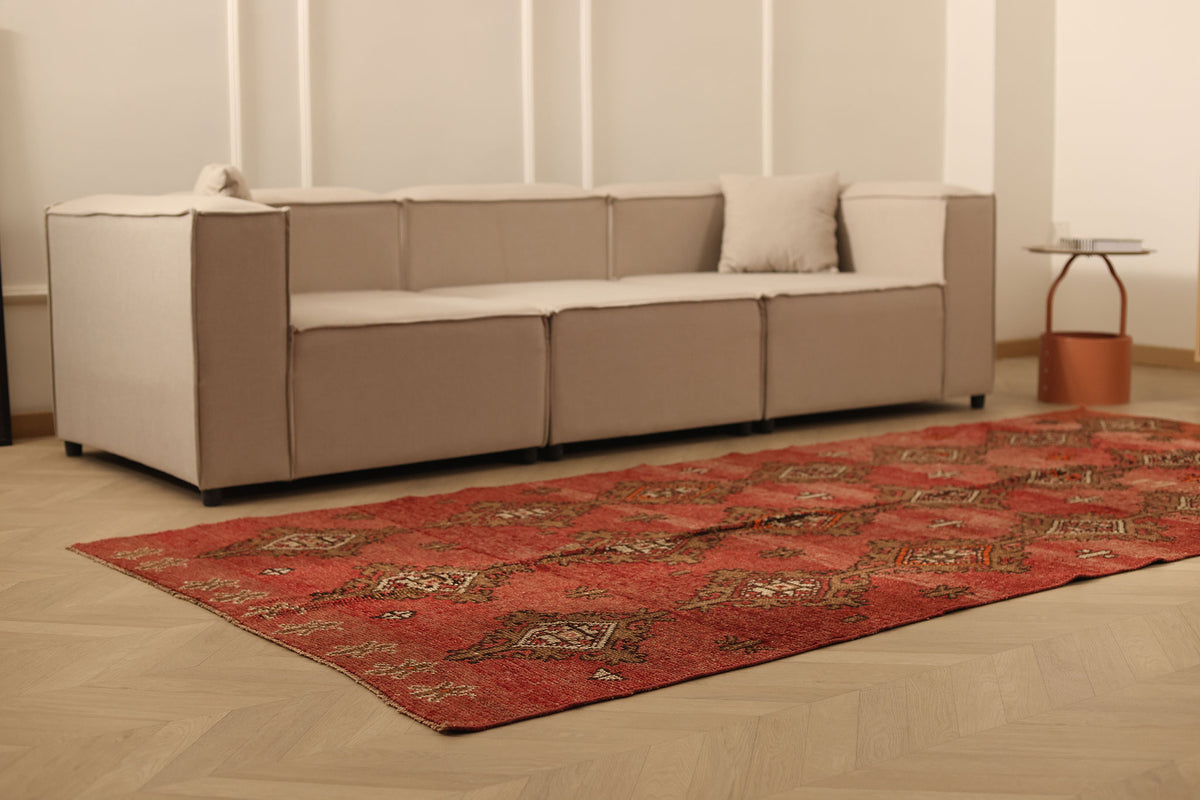 Vintage Malatya Turkish Area Rug 5x10 ft — Red & Brown Geometric