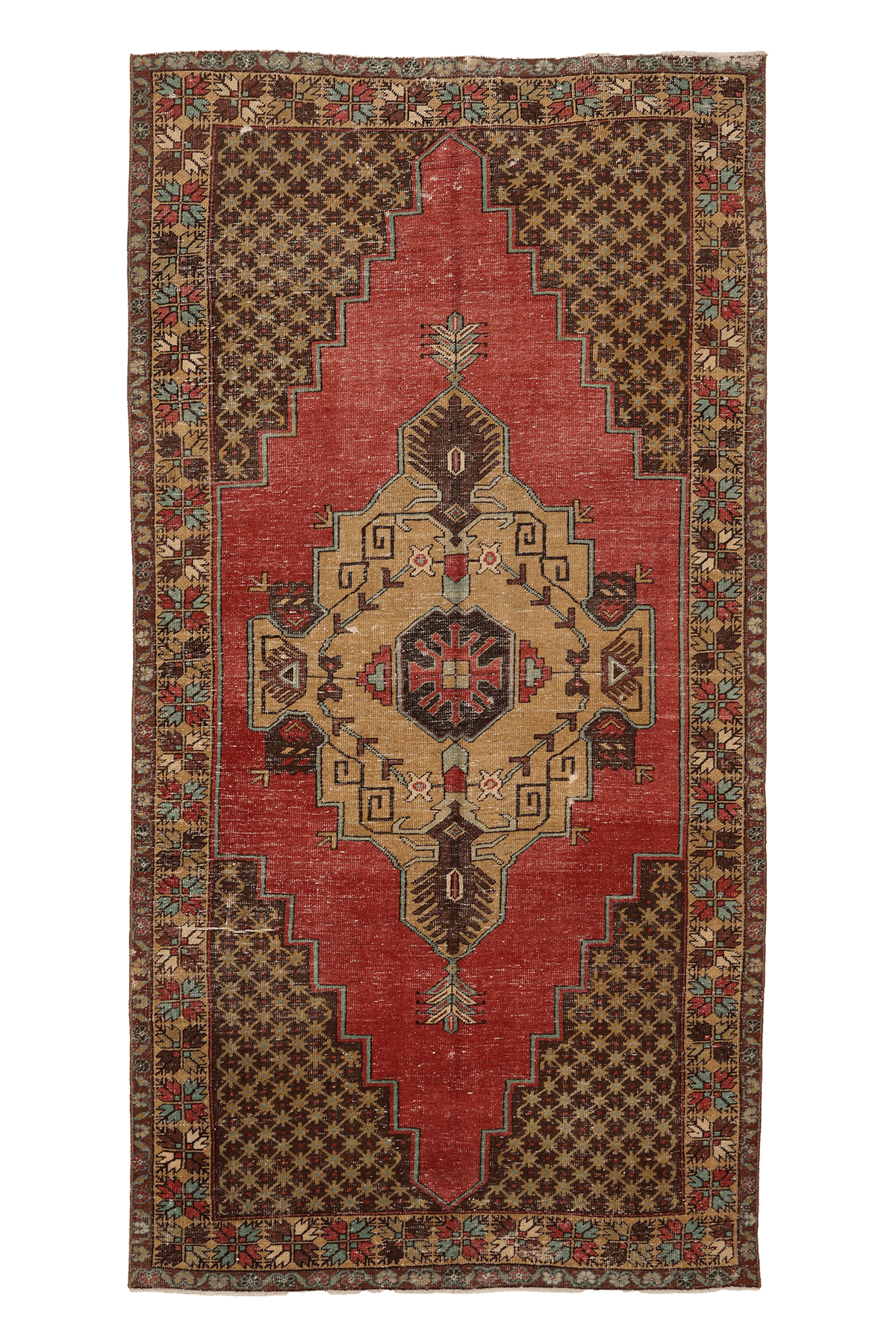 Vintage Nevşehir Turkish Area Rug 4x9 ft — Red & Brown Geometric