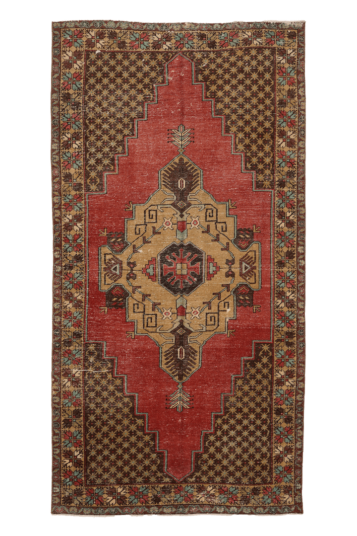 Vintage Nevşehir Turkish Area Rug 4x9 ft — Red & Brown Geometric