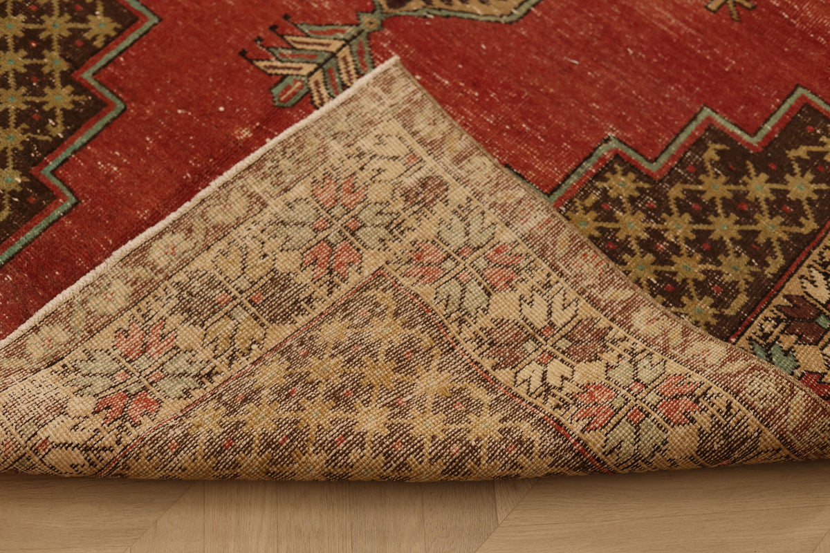 Vintage Nevşehir Turkish Area Rug 4x9 ft — Red & Brown Geometric