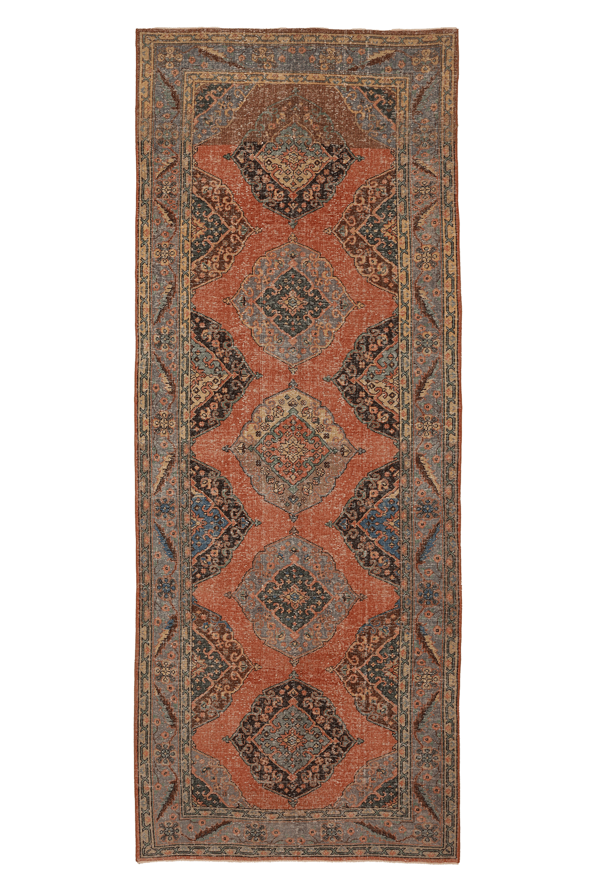 Vintage Konya Turkish Runner Rug 4x12 ft — Red & Blue Geometric