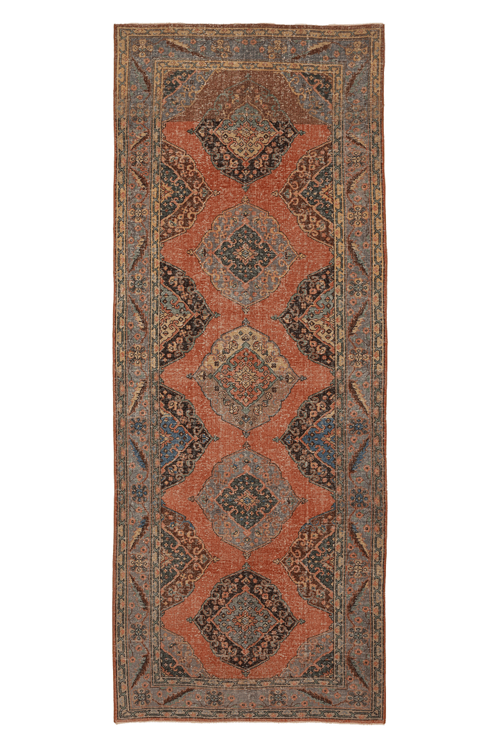 Vintage Konya Turkish Runner Rug 4x12 ft — Red & Blue Geometric