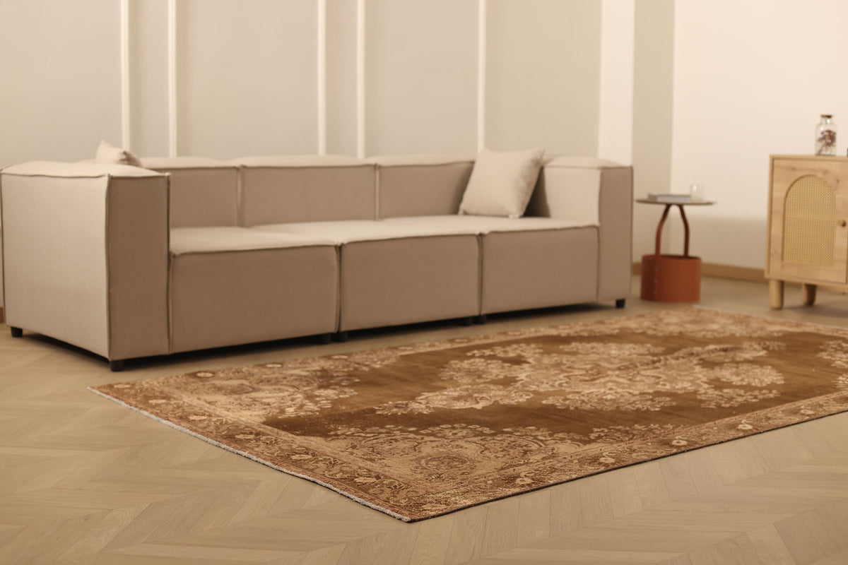 Vintage Manisa Turkish Area Rug 5x10 ft — Brown & Beige Floral