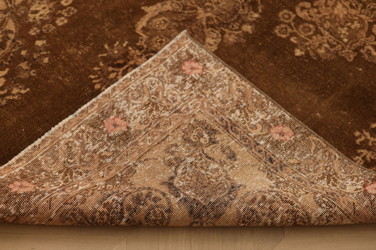 Vintage Manisa Turkish Area Rug 5x10 ft — Brown & Beige Floral