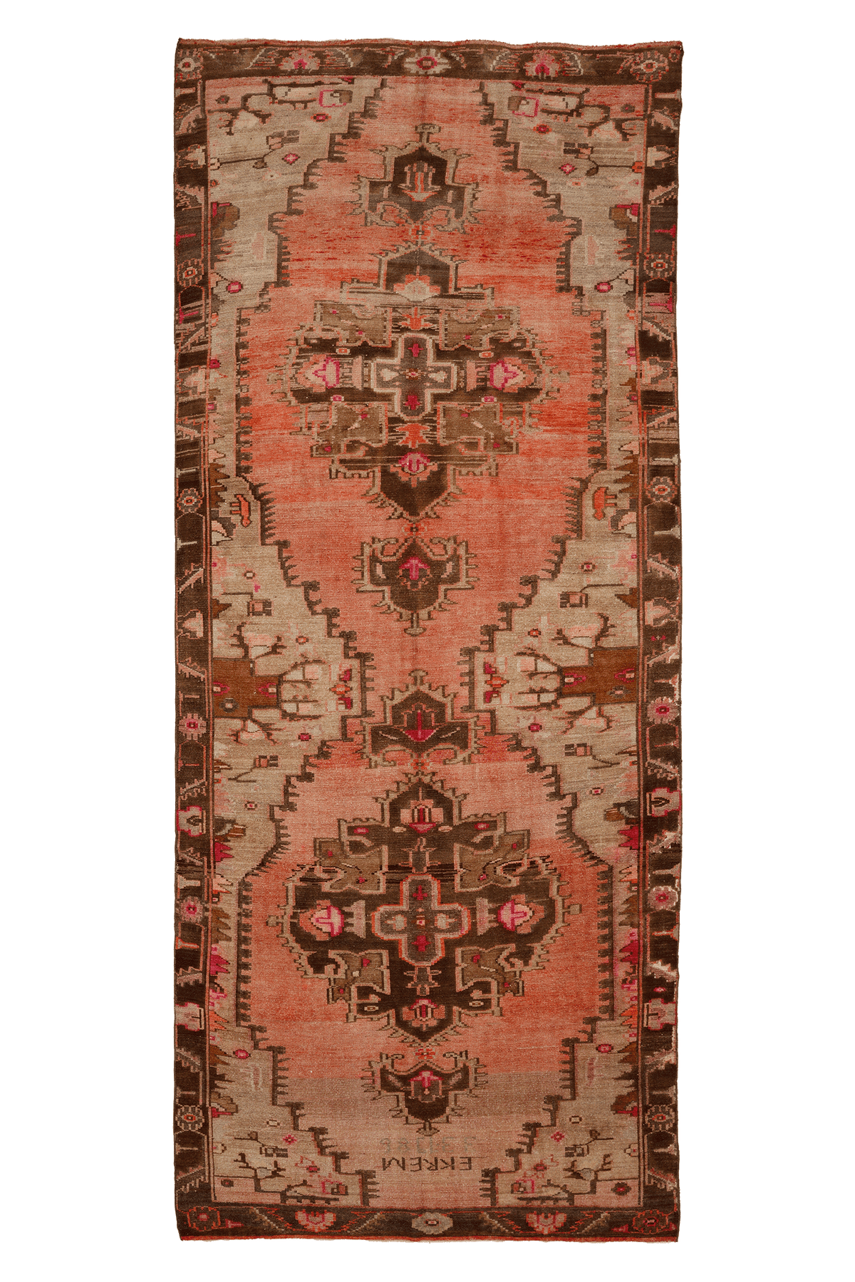 Vintage Van Turkish Area Rug 6x14 ft — Orange & Brown Geometric