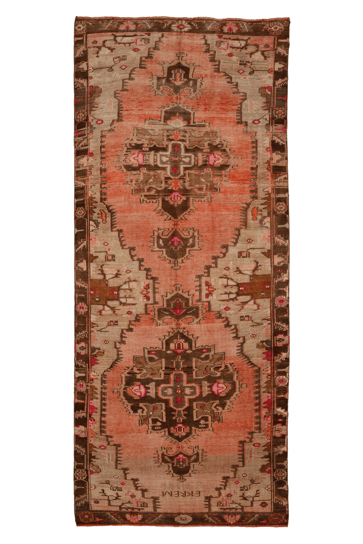 Vintage Van Turkish Area Rug 6x14 ft — Orange & Brown Geometric