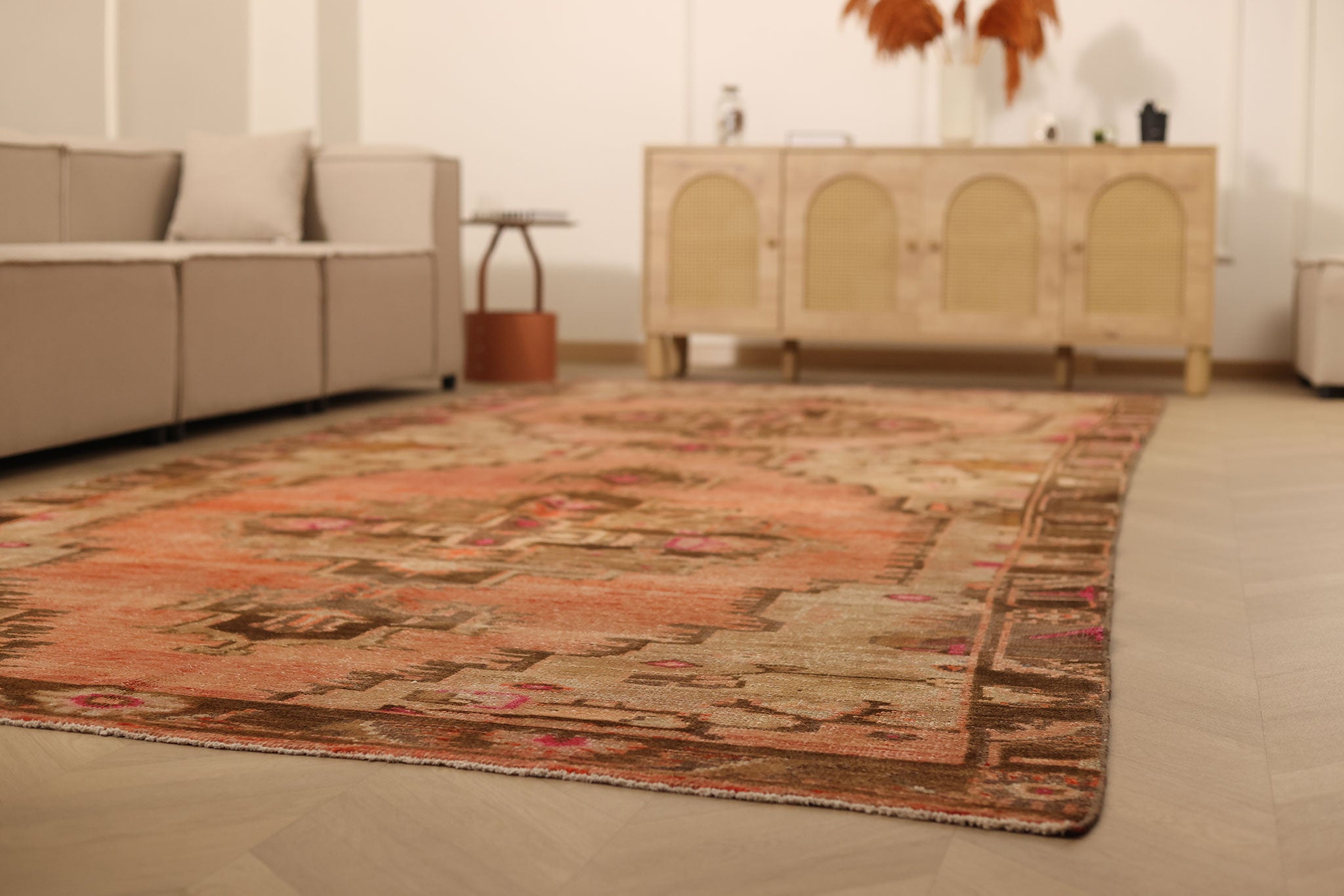 Vintage Van Turkish Area Rug 6x14 ft — Orange & Brown Geometric