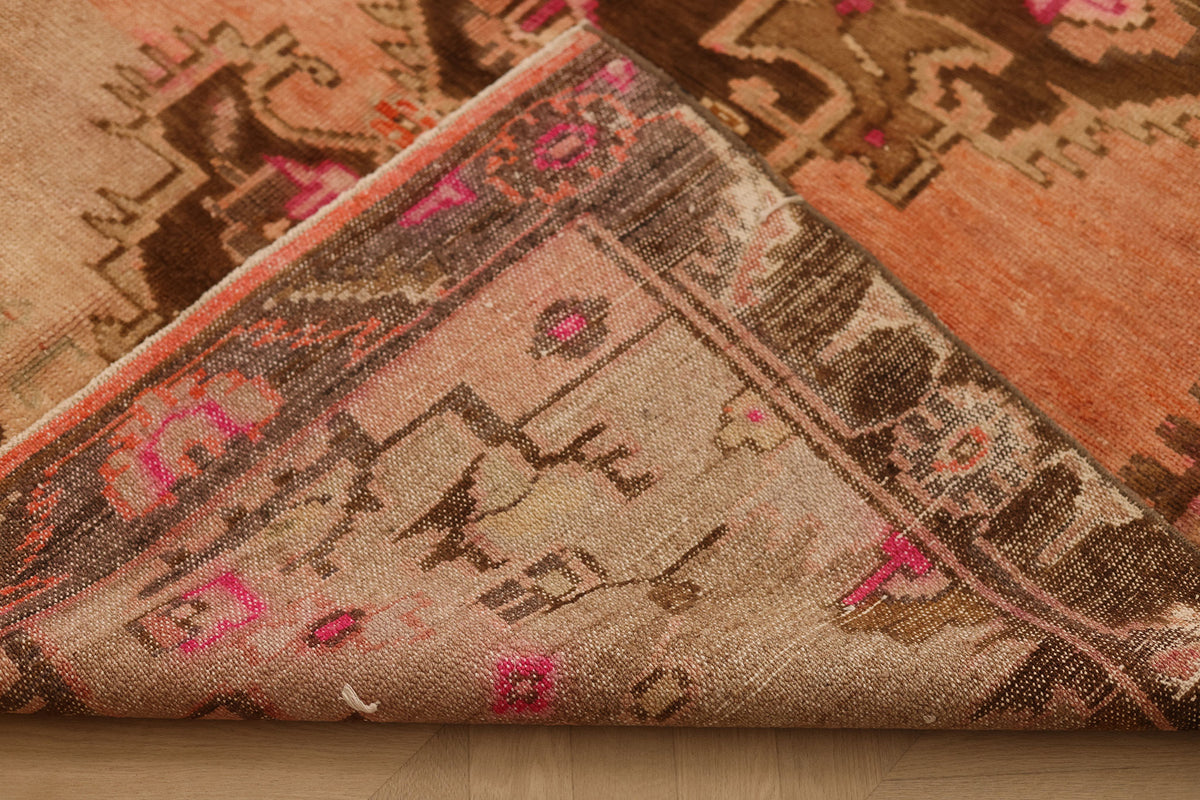 Vintage Van Turkish Area Rug 6x14 ft — Orange & Brown Geometric